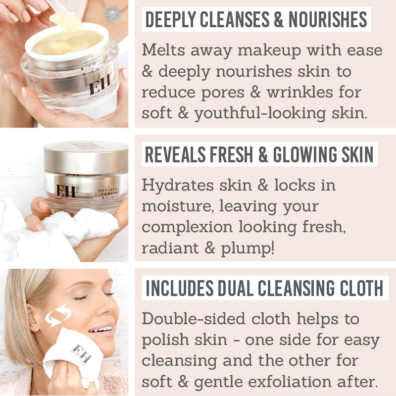 Emma Hardie Moringa Cleansing Balm - Key Benefits: deeply cleanses & nourishes, reveals fresh & glowing skin, includes dual cleansing cloth