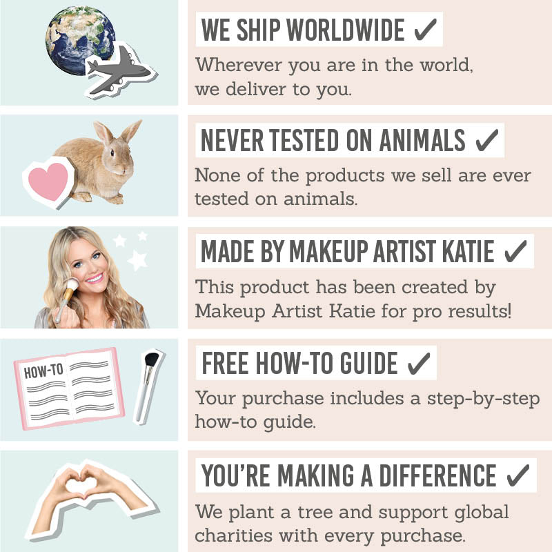 Shipping worldwide, never tested on animals, created by a makeup artist, free how-to guide, charities and perks