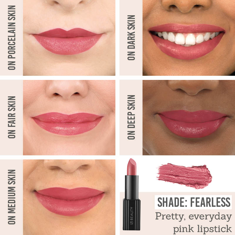 IZI Beauty Empowered Lipstick in Fearless on different skin tones