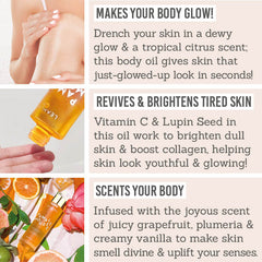 Leahlani Pamplemousse Replenishing Body Oil key benefits - makes your body glow, revives and brightens tired skin, scents your body