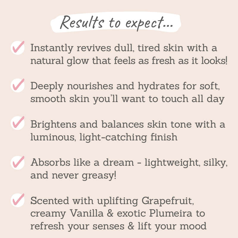 Leahlani Pamplemousse Replenishing Body Oil results to expect - revives dull skin, makes skin glow, nourishes and hydrates, scents your skin and uplifts your mood