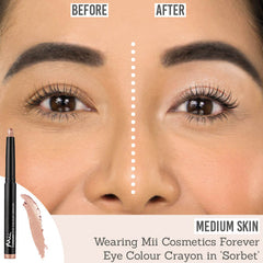 Mii Cosmetics Forever Eye Crayon in Sorbet before and after results on medium skin