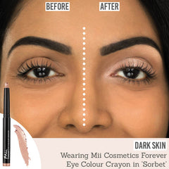 Mii Cosmetics Forever Eye Crayon in Sorbet before and after results on dark skin