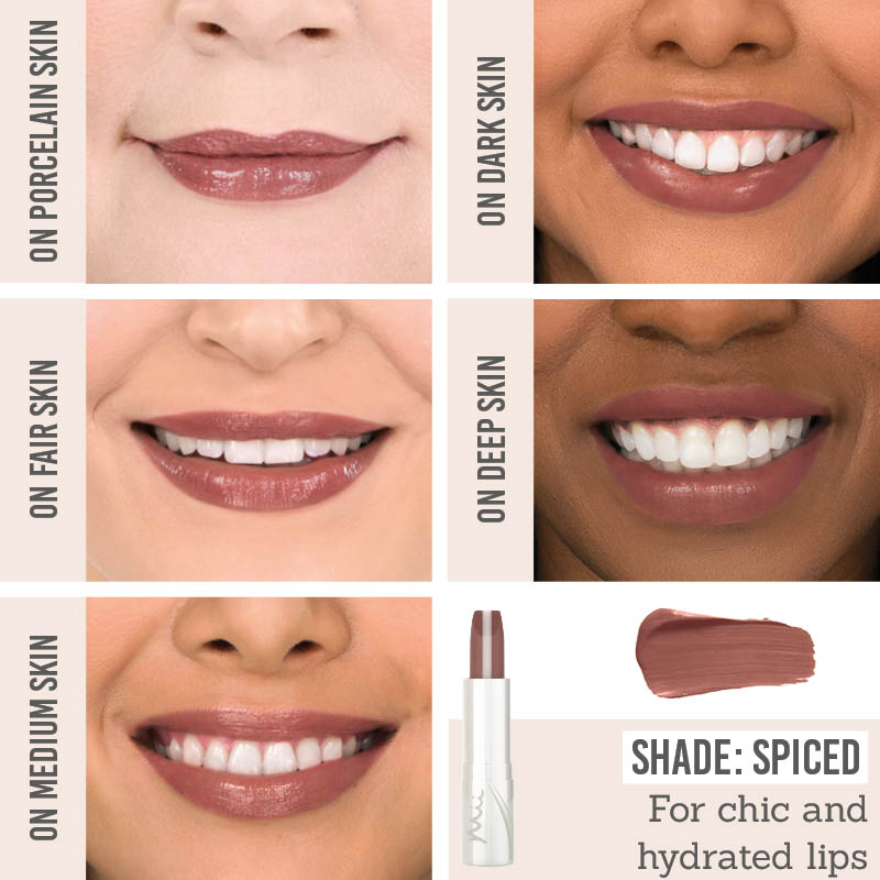 Mii Cosmetics Hydraboost Lip Lover Lipstick in shade 'Spiced' on different skin tones