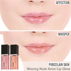Nude Envie Lip Gloss in Affection & Whisper on porcelain skin