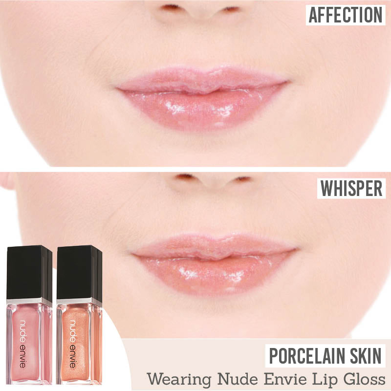 Nude Envie Lip Gloss in Affection & Whisper on porcelain skin