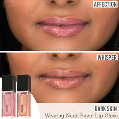 Nude Envie Lip Gloss in Affection & Whisper on dark skin