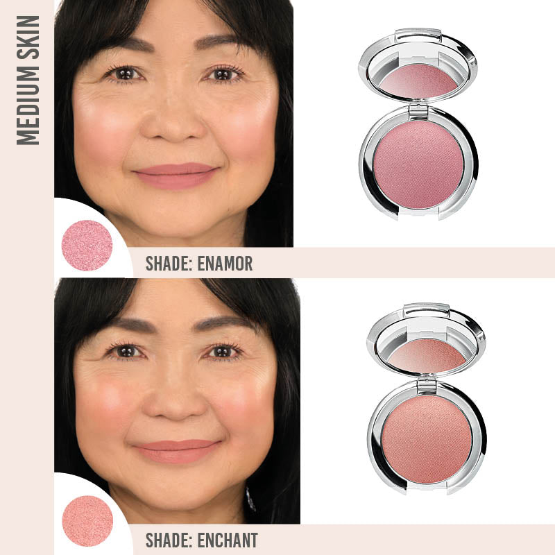 Nude Envie Powder Blush in Enamor and Enchant on medium skin