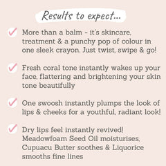 Ruby Hammer Coral Lip Serum Balm results to expect - skincare treatment and pop of colour in one crayon, fresh coral tone wakes up your face, plumps the look of lips and cheeks