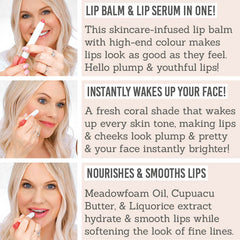 Benefits of Ruby Hammer Coral Lip Serum Balm - lip balm and serum in one, instantly wakes up your face, nourishes and smooths lips