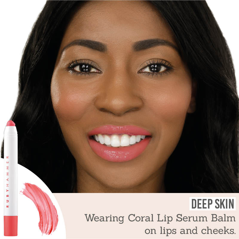Ruby Hammer Coral Lip Serum Balm on deep skin