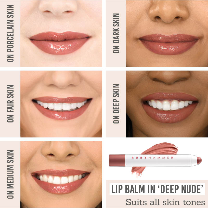 Ruby Hammer Deep Nude Lip Serum Balm on different skin tones