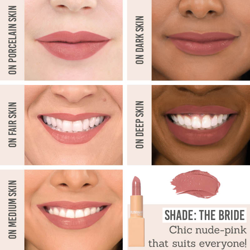 Runway Room Cosmetics Lipstick in The Bride on different skin tones