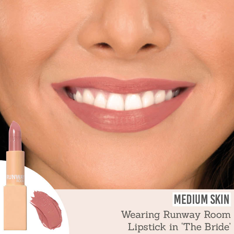 Runway Room Cosmetics Lipstick in The Bride on medium skin