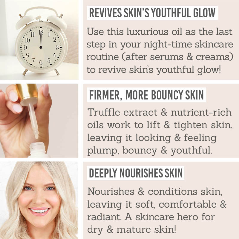 Skin & Co Truffle Therapy Super Dewying Face Oil Key Benefits – Revives skin's youthful glow, firmer, more bouncy skin, deeply nourishes skin 
