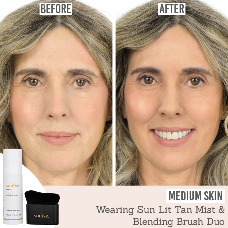 Sontse Sun Lit Face & Body Tan Mist & Blending Brush Duo on medium skin