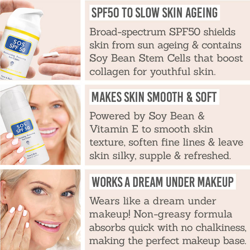 SOS SPF50 Sun Cream for Face and Neck key benefits - spf50 to slow skin ageing, makes skin smooth & soft, perfect under make