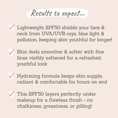 SOS SPF50 Sun Cream for Face and Neck results to expect - skin is shielded from UVA and UVB rays, skin feels smooth & soft, hydrating formula, works well under makeup without pilling