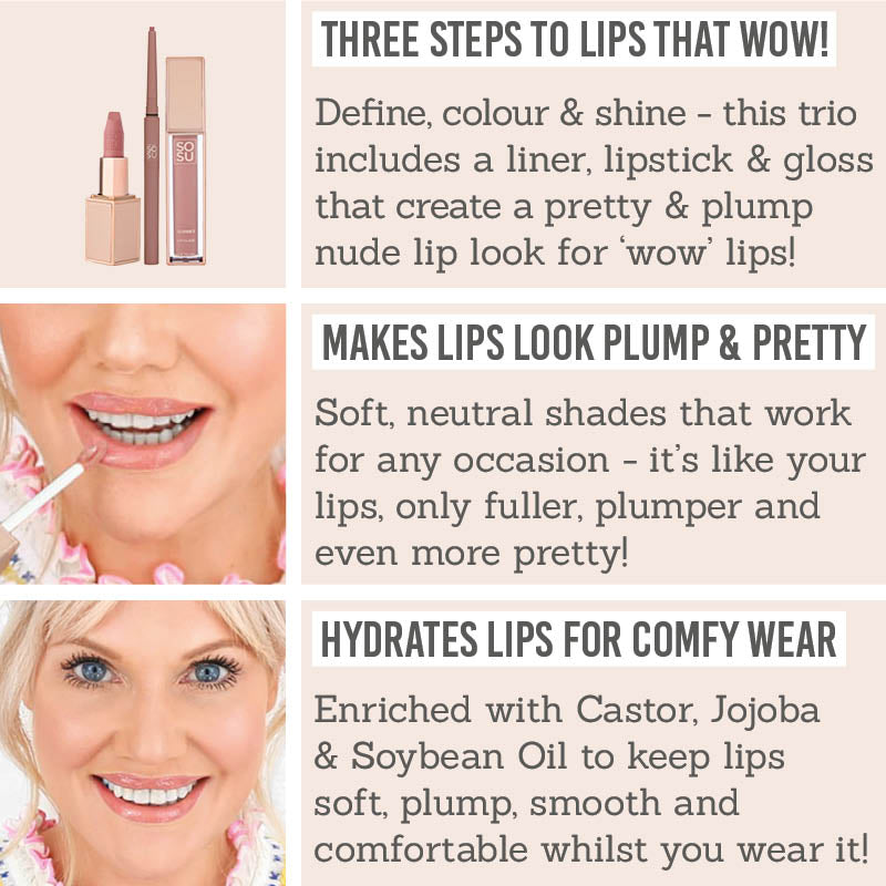 SOSU Cosmetics Pretty Nude Lip Trio Key Benefits - Three steps to lips that wow, makes lips look plump & pretty, hydrates lips for comfy wear 