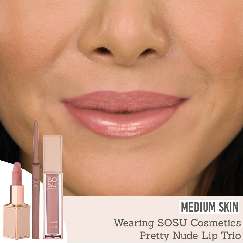 SOSU Cosmetics Pretty Nude Lip Trio on medium skin