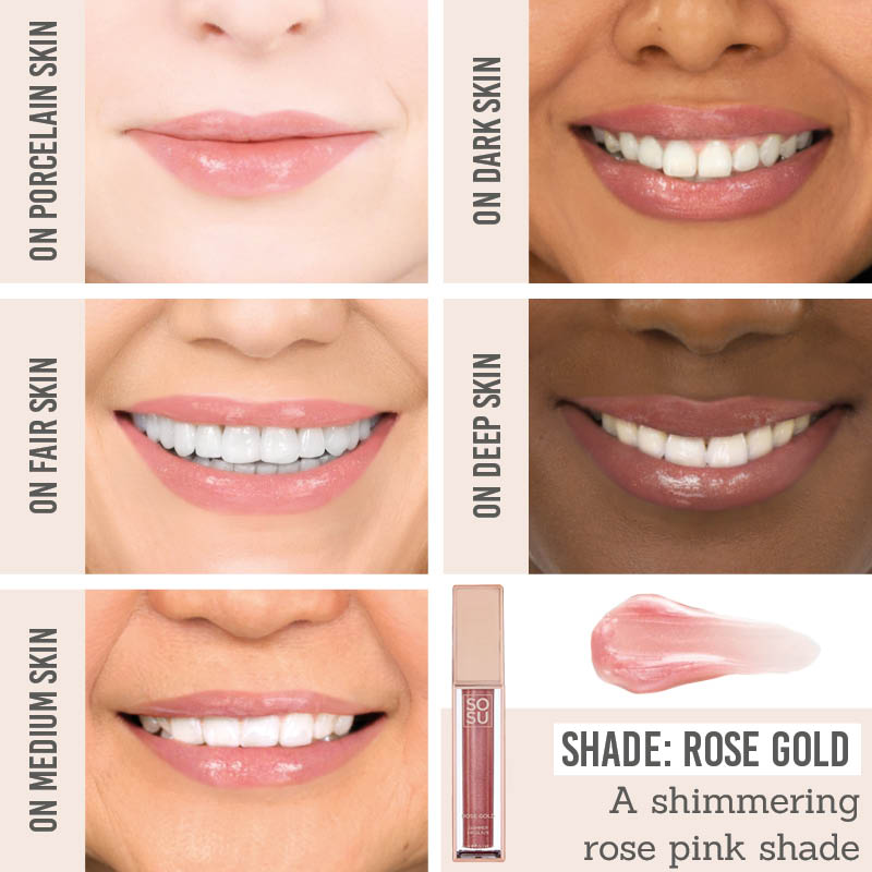 SOSU Shimmer Lip Glaze Duo in shade Rose Gold on different skin tones