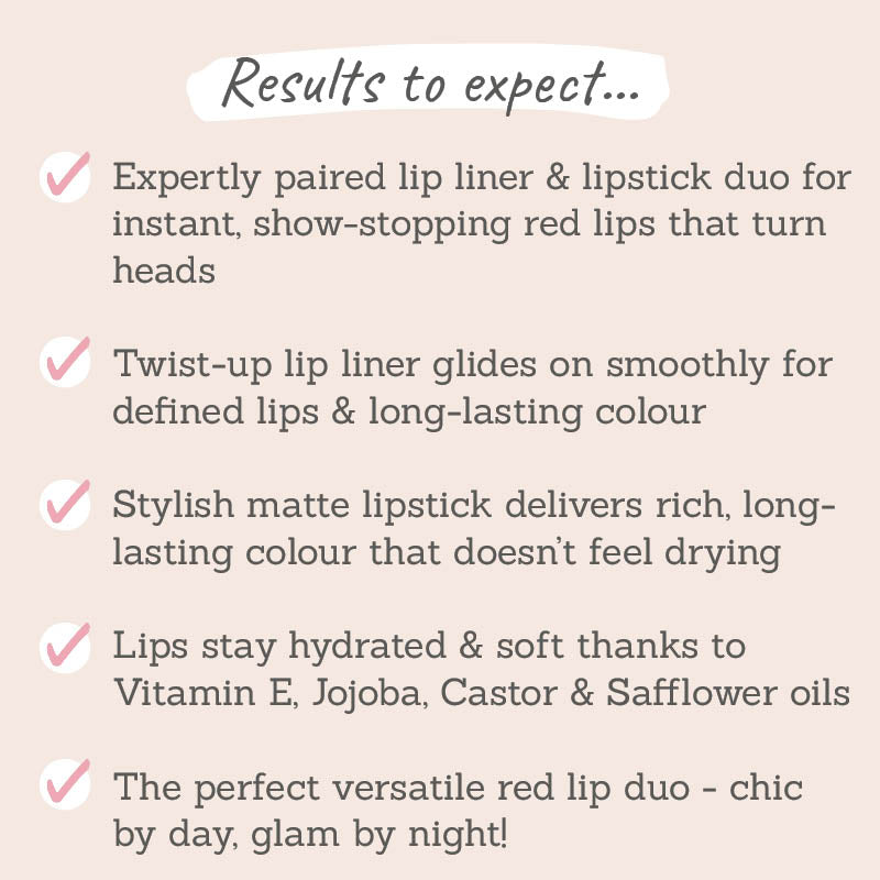 Results to expect - instant show-stopping red duo, definition & long-lasting hue, stylish non-drying matte, hydrating ingredients, chic & versatile