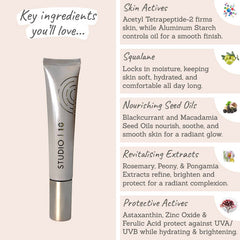 Studio 10 Hydra Peptide Fusion Daily Defence SPF30 Moisturiser key ingredients - skin actives, acetyl tetrapeptide-2, Aluminium starch, squalane, nourishing seed oils, revitalising extracts, protective actives