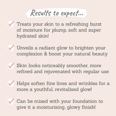 Results to expect: treats your skin to a refreshing burst of moisture for plump, soft and super hydrated skin, noticeable smoother skin, soften fines lines and wrinkjles, can be mixed with foundation to give a moistrising glow 